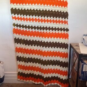 Vtg Homemade Chevron Orange Brown Green White Crochet Knit Blanket Afghan 42x75